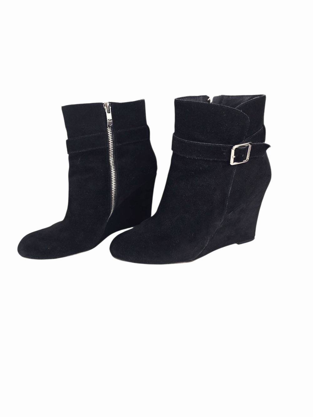 Vince Camuto Black Suede Wedge Ankle Boots with Side Zip and Buckle Detail